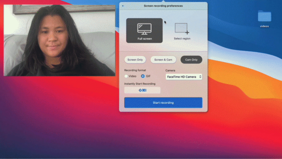 Recording video using teh Zight Web Camera feature