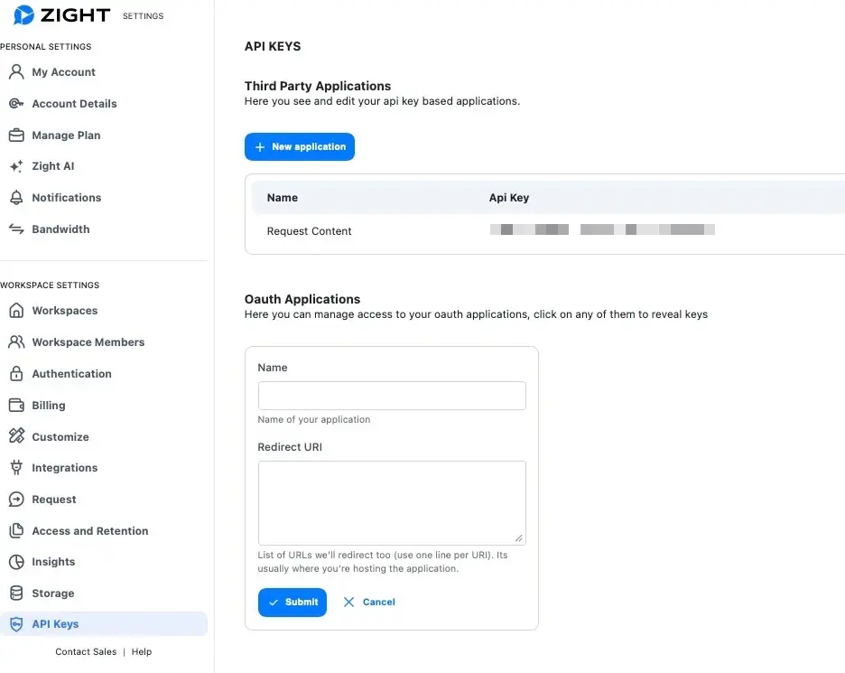 Zight Settings API Keys page showing the OAuth Applications section and fields for an application name and Redirect URI.