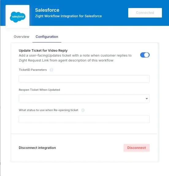 Salesforce integration Configuration tab in Zight showing the Update Ticket for Video Reply toggle enabled, with optional TicketID and reopen-case settings.