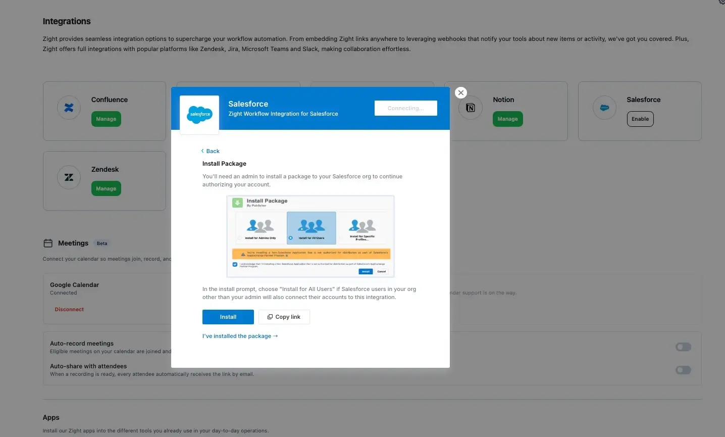 Zight Integrations page with the Salesforce setup window open. The window prompts an administrator to install the Salesforce package and select Install for All Users.