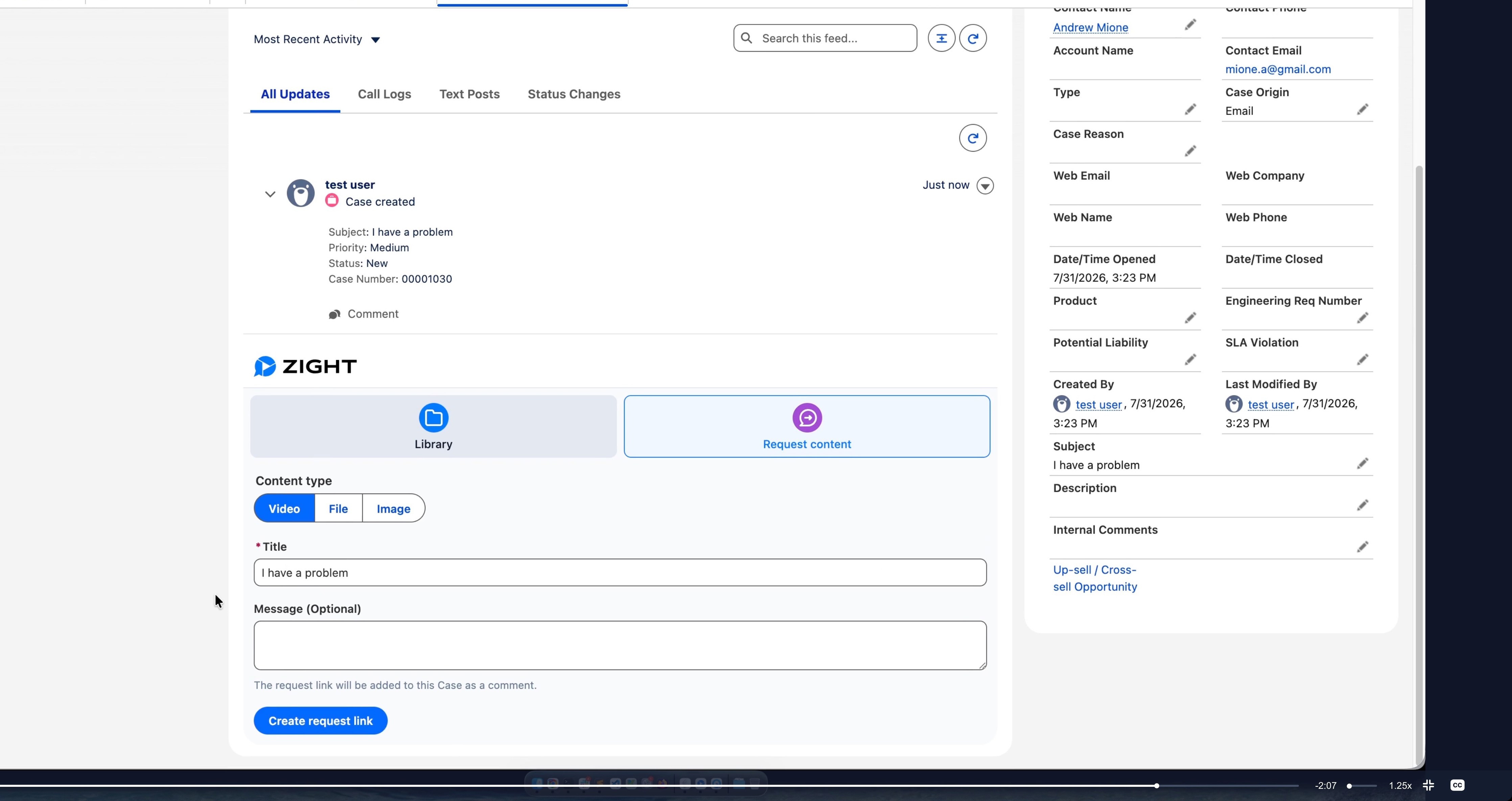 A Salesforce Service Cloud case record with the Zight panel open. The panel lets an agent choose content from the Zight Library or create a Request Content link for the case.