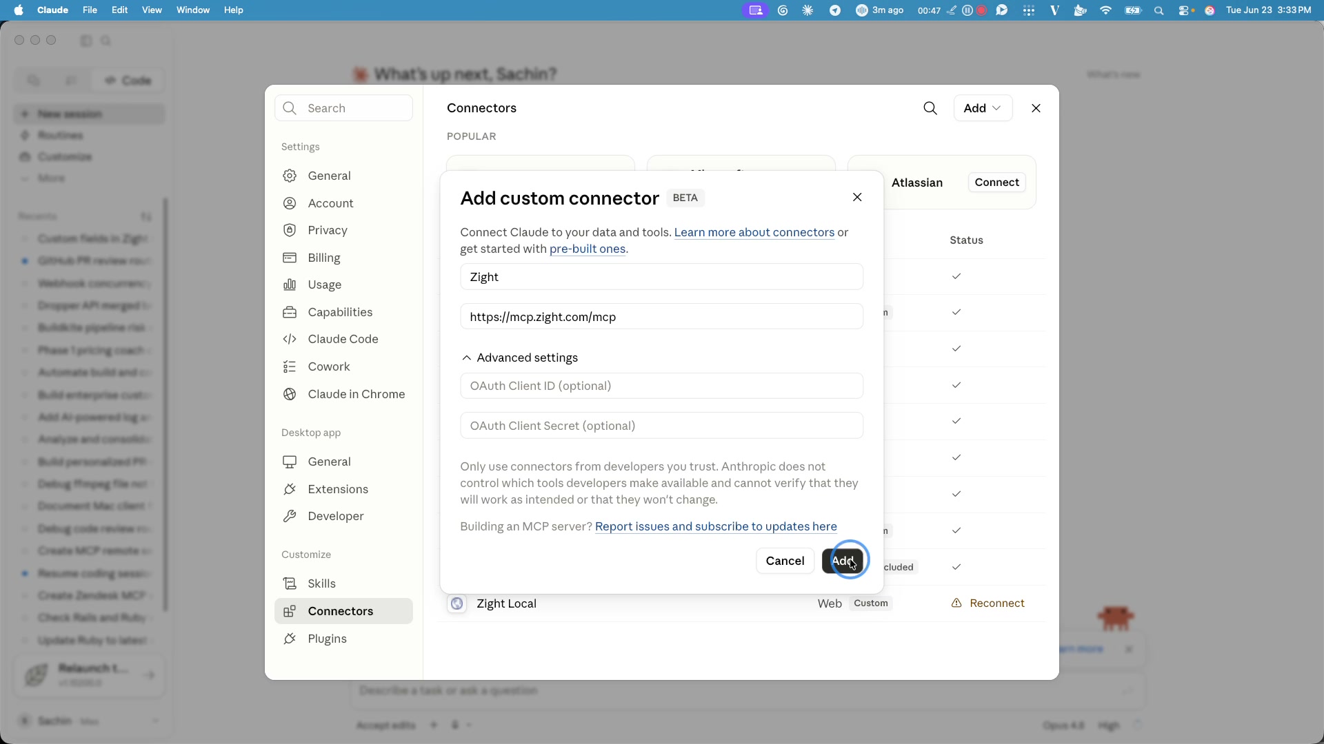 Zight MCP setup step 5: Enter a name for the connector and provide the required URL.
